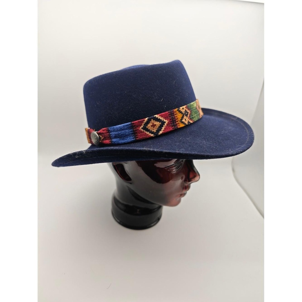 Scala Navy‎ Wool Felt Wide Brim Hat Southwest Woven Band Unisex Medium USA Made